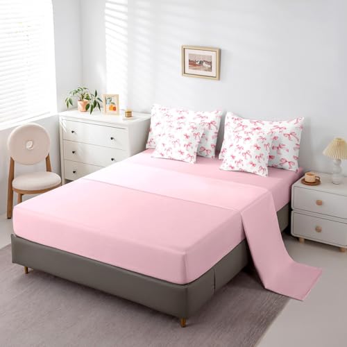 Feelyou Pink Bow Bed Set for Kids Boys Girls Queen Size Cute Dreamy Princess Style 7 Pieces Beeding Set Ultra Soft Bow Pattern Bed in a Bag with Comforter, Sheets, Pillowcases Bowknot Room Decor Feelyou