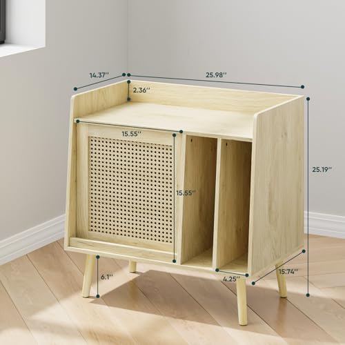 Kiasthome Large Record Player Stand with Storage Cabinet & Rattan Magazine Rack, Vinyl Record Storage Side Table with Solid Wood Legs for Living Room, Bedroom Kiasthome