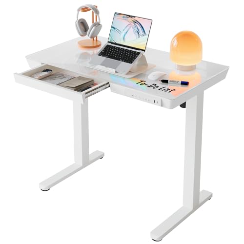 HUANUO Glass Standing Desk with Drawers, 35 x 20 Inch Electric Adjustable Height Desk, Quick Install One-Piece Tabletop with USB Charging Ports, White HUANUO