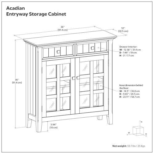 SIMPLIHOME Acadian SOLID WOOD 36 Inch Wide Rustic Entryway Hallway Storage Cabinet in Fog Grey, For the Living Room, Entryway and Family Room SIMPLIHOME
