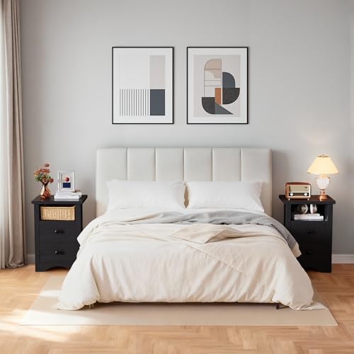 YESHOMY Nightstand Set of 2, Farmhouse Night Stand with 2 Storage Drawers and Open Shelf, Bedside Tables for Bedroom Small Space, Black YESHOMY