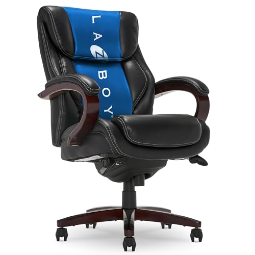 La-Z-Boy® Bellamy Executive Office Chair with Memory Foam Cushions, Real Wood Arms and Swivel Base, Waterfall Seat Edge, Faux Bonded Leather, Black La-Z-Boy