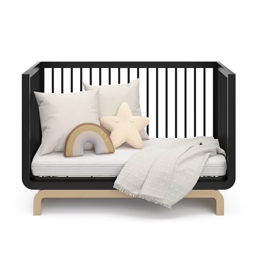 Storkcraft Santorini Deluxe 5-in-1 Convertible Crib with Bonus Toddler Guardrail (Black with Driftwood) – GREENGUARD Gold Certified, Toddler Guardrail Included in Box, Fits Standard Crib Mattress Storkcraft
