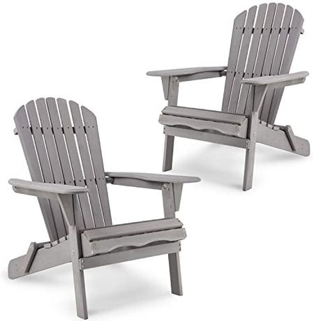 Ajikgn Outdoor Wooden Folding Set of 2 Solid Cedar Wood Lounge Patio Garden, Lawn, Backyard Adirondack Chair, Gray Ajikgn