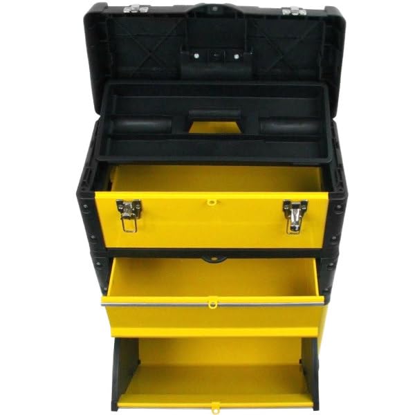 Portable Tool Box on Wheels - Stackable 3-in-1 Chest for Workshops and Craft Rooms - Foldable Comfort Handle and Latches by Stalwart (Black/Yellow) Stalwart
