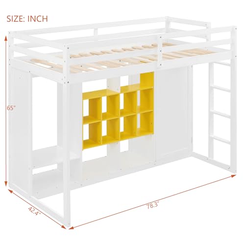 Ball & Cast Twin Size Loft Bed with Wardrobe and Reversible Staircase,Multifunction Wood Bed Frame W/Shelves & Cabinet,Full-Length Guardrails,No Box Spring Needed,for Bedroom,Student,White+Yellow Ball & Cast