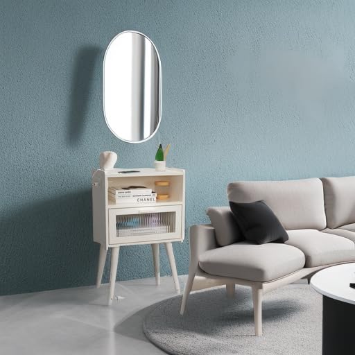 Mid Century Modern Nightstand with Charging Station, Bedside Tables with Glass Drawer, End Table Side Table with 2 Tiers Storage Space, for Bedroom, Living Room, White SOOWERY