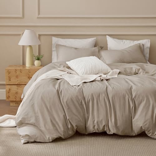 Bedsure 100% Washed Cotton Duvet Cover Queen Size - Frosted Almond Minimalist Cotton Duvet Cover Linen Like for All Seasons - GentleSoft™ Plain Simple Bedding, Frosted Almond, Queen, 90"x90" Bedsure