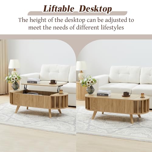 Janmer Home 47.3" Lift Top Coffee Table with Hidden Storage, Small End Table with Curved Edge Design, Oval Center Table with Lift Tabletop for Living Room, Office (Natural) Janmer Home