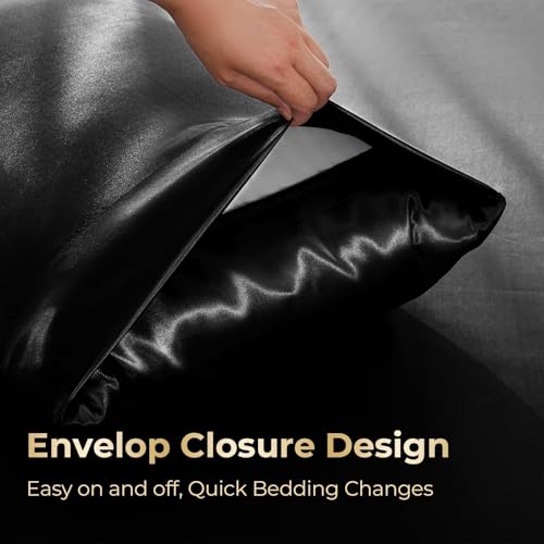 Sasttie Satin Sheets Queen Size - 4 Pieces Luxury Soft Black Silky Bed Sheets Set with Pillowcases - Smooth Silk-Like Satin Fabric, Reinforced 14 Inches Pocket, Oeko-Tex Certified Sasttie