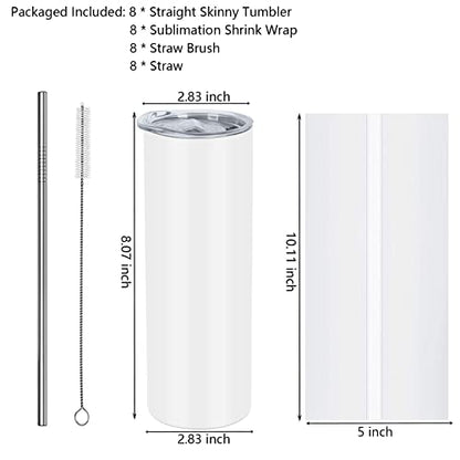 Tswofia 8 Pack Straight Sublimation Tumblers Set 20 Oz Skinny, Stainless Steel Skinny Sublimation Tumbler Blank With Shrink Wrap Film Lid Straw Set,Individually Boxed, Not Tapered