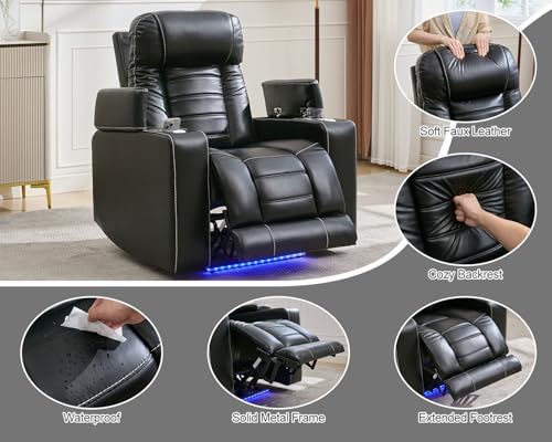 Power Recliner with Zero Gravity,Adjustable Headrest,Wireless Charger,LED Light Faux Leather Electric Reclining Chair Home Theater Seating USB Type-C Port,Cup Holder,Tray Table,Extended Footrest Black