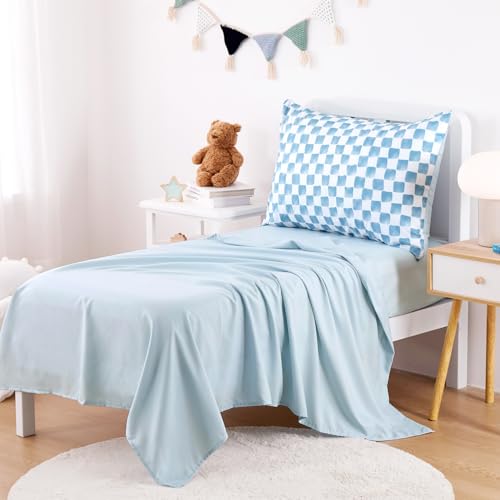 Wake In Cloud - Toddler Bedding Set for Boys Girls, Cute Gingham Grid Checkered, 4 Pieces Soft Crib Bed Set Including Comforter, Sheets and Pillowcase, Blue White Wake In Cloud