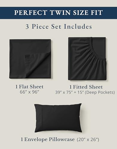 LANE LINEN 100% Organic Cotton Twin Bed Sheet Set, 3 Pc Twin Size Sheets Set, Soft & Breathable Twin Sheet Set Boys, Hotel Style Bedding Sheets & Pillowcases, 15" Deep Fitted Sheet - Black LANE LINEN