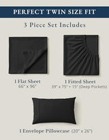 LANE LINEN 100% Organic Cotton Twin Bed Sheet Set, 3 Pc Twin Size Sheets Set, Soft & Breathable Twin Sheet Set Boys, Hotel Style Bedding Sheets & Pillowcases, 15" Deep Fitted Sheet - Black LANE LINEN