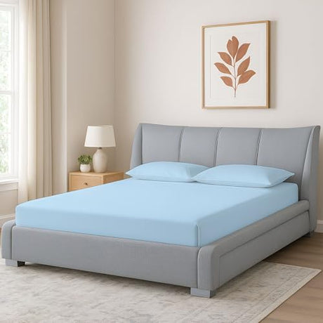 Shreem Linen Super Single Waterbed Sheets, 4-Piece 100% Egyptian Cotton Attached Sheet Set with 15" Deep Pocket, Soft & Breathable Bedsheets for Water Beds, Light Blue Solid Shreem Linen