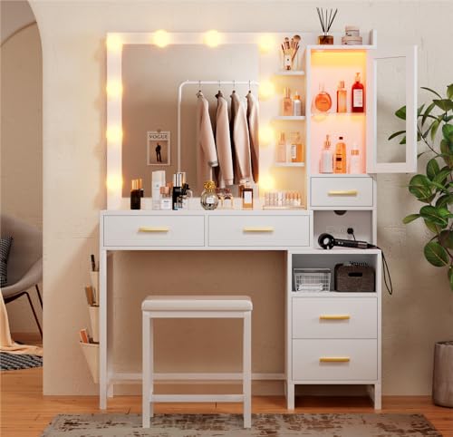 CSZZD Makeup Vanity Desk with Mirror and Lights, White Vanity Desk with Charging Station, LED Cabinet, 5 Drawers & Storage Bag, Vanity Mirror with Lights Desk and Chair, Vanity Table Set with Stool CSZZD