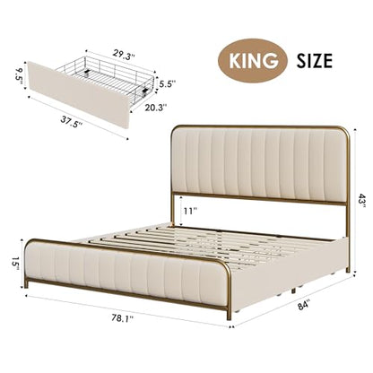 HITHOS King Size Upholstered Metal Bed Frame with 4 Storage Drawers, Golden/Off White Design - WoodArtSupply