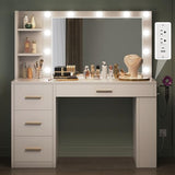 YITAHOME Vanity Desk with Mirror and Lights, Makeup Table with Charging Station, Large Vanity Set with 4 Drawers, Cute Makeup Desk with 6 Storage Shelves, White YITAHOME