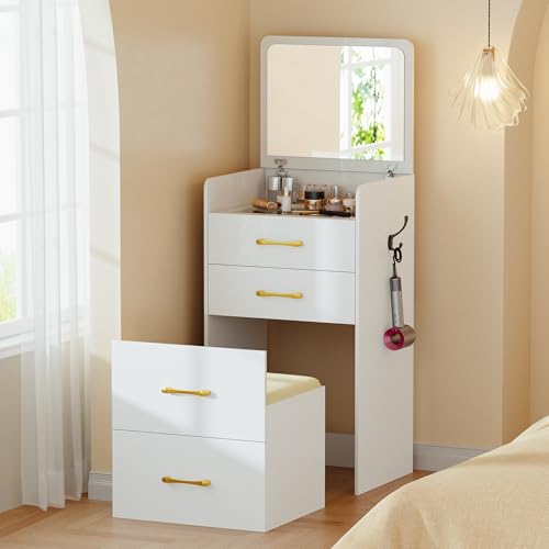 Gurexl 3 in 1 Vanity Desk with Flip Top Mirror for Bedroom,Small Compact Vanity with Visible Glass Desktop for Cloakroom,Makeup Vanity Set with 3 Drawers,Cushioned Stool,Dressing Table,White Gurexl