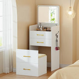 Gurexl 3 in 1 Vanity Desk with Flip Top Mirror for Bedroom,Small Compact Vanity with Visible Glass Desktop for Cloakroom,Makeup Vanity Set with 3 Drawers,Cushioned Stool,Dressing Table,White Gurexl