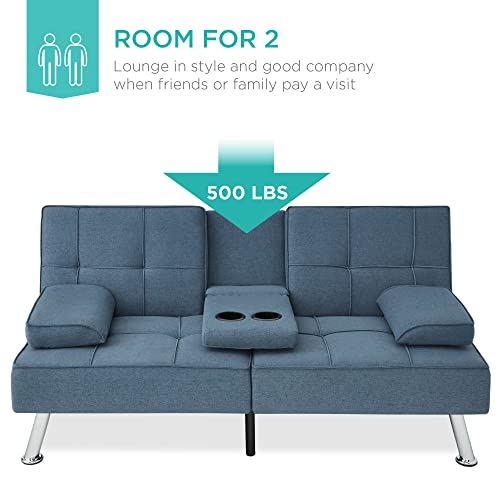 Best Choice Products Linen Modern Folding Futon, Reclining Sofa Bed for Apartment, Dorm w/Removable Armrests, 2 Cupholders - Blue Best Choice Products