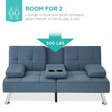 Best Choice Products Linen Modern Folding Futon, Reclining Sofa Bed for Apartment, Dorm w/Removable Armrests, 2 Cupholders - Blue Best Choice Products