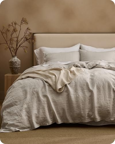 Bedsure 100% Linen Duvet Cover Queen Size, Washed 170 GMS European Flax-Linen, Soft 3pcs Bedding Set with Button Closure for Farmhouse, Natural Texture, Breathable for Hot Sleeper, Linen, Queen Bedsure