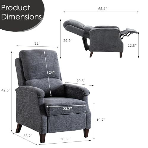 VKNOW Recliner Chair, Fabric Recliner with Soft Armrest, Home Theater Seating with Adjustable Push Back and Lumbar Support, Single Sofa for Adults, Lounge Chair for Living Room, Bedroom（Dark Grey）