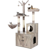 Timberer Litter Box Enclosure with Cat Tree, Wooden Cat House with Cat Tree Tower, Hidden Cat Litter Box Furniture with Scratching Post, Modern Cat Condo, Grey Timberer
