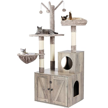 Timberer Litter Box Enclosure with Cat Tree, Wooden Cat House with Cat Tree Tower, Hidden Cat Litter Box Furniture with Scratching Post, Modern Cat Condo, Grey Timberer