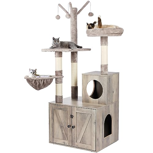 Timberer Litter Box Enclosure with Cat Tree, Wooden Cat House with Cat Tree Tower, Hidden Cat Litter Box Furniture with Scratching Post, Modern Cat Condo, Grey - WoodArtSupply