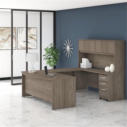 Bush Business Furniture Studio C 72W x 36D U Shaped Desk with Hutch and Mobile File Cabinet in Modern Hickory, U Workstation Set for Home or Professional Office Bush Furniture