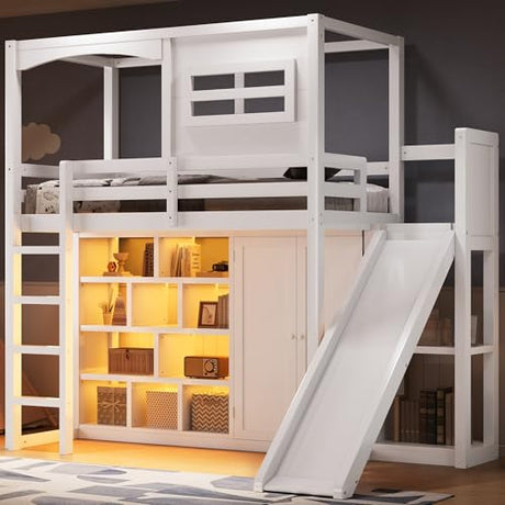 Merax Multifunction Wood Loft Bed with Wardrobe & Storage Shelves, Twin House Shaperd Loft Bed with Slide for Boys, Girls, No Box Spring Needed, Space Saving, White Merax