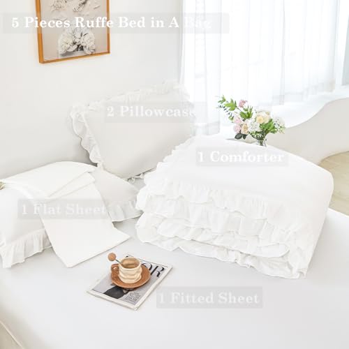 ANGIYUIN White Ruffle Comforter Set Twin 5 Pieces Ruffled Bed in A Bag with Sheets Soft Farmhouse Bedding Sets for Kids Girls Teens(White Twin) ANGIYUIN