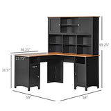 HOMCOM L Shaped Computer Desk with Hutch, 59" Corner Desk, Space Saving Home Office Desk with Storage Shelves, Drawer and Cabinet, Black HOMCOM