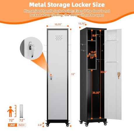 Aobabo 72" H Broom Closet Storage Cabinet, Lockable Metal Cleaning Storage Cabinet with Hooks for Home, Assembly Required Black Gray Aobabo