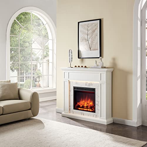 LegendFlame Fireplace Suite Sheraton, 48 Inch Mantel Surround, Cream White with Snow White Marble Pattern Finish, with 23 Inch Electric Fireplace Insert, 750W/1500W, Mood Light, Remote Control Legend Flame