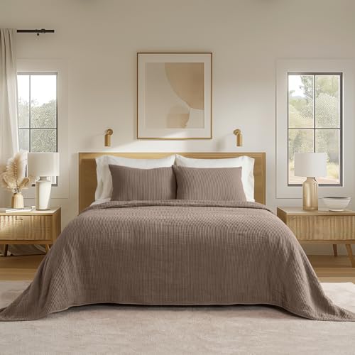 EVERGRACEHOME Cotton Coverlet Set Full Queen Size 3 Pieces, Lightweight Soft Ribbed Matelassé Bedspread Quilt Set, Cozy Oversized Quilted Bedding Set with 2 Pillow Shams for All Seasons, Mocha Brown EVERGRACEHOME