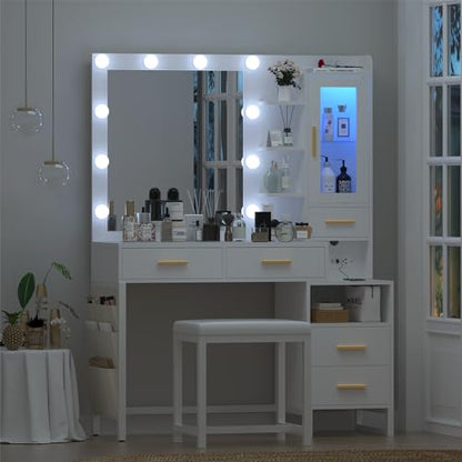 CSZZD Makeup Vanity Desk with Mirror and Lights, White Vanity Desk with Charging Station, LED Cabinet, 5 Drawers & Storage Bag, Vanity Mirror with Lights Desk and Chair, Vanity Table Set with - WoodArtSupply