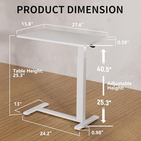 Ywin Medical Adjustable Overbed Bedside Table with Wheels, Rolling Standing Desk, Pneumatic Small Side Bed Table with Tray for Couch, Hospital, Home,Office Use (White) Ywin