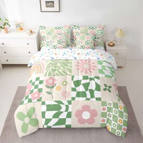 Feelyou Retro Hippie Flower Bedding Set Twin 60S 70S Groovy Floral Comforter Set 7 Pieces Geometric Vintage Abstract Botanical Bed in a Bag Green Plaid Bed Set with Comforter, Sheet Set, Pillowcases Feelyou