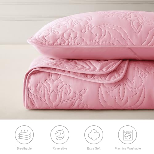 Whale Flotilla Soft Twin Quilt Bedding Set for All Seasons, Elegant Vintage Damask Ultrasonic Quilts Set, Lightweight Reversible Bedspread, Coverlet, Bed Cover with 1 Pillow Sham, Pink Whale Flotilla