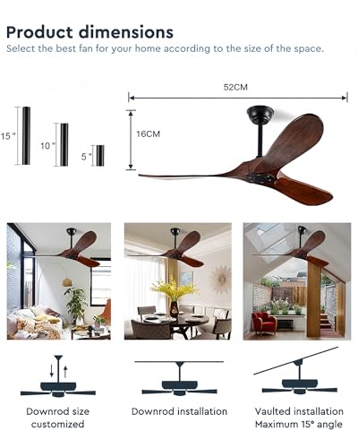 YKXONFA Solid Wood Ceiling Fans Without Light, 52 inch Real Wood Ceiling Fan with 6-Speeds 3 Wood Blades, Indoor Outdoor Ceiling Fans for Garage, Farmhouse, Living Room, Bedroom, Office YKXONFA