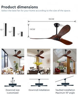 YKXONFA Solid Wood Ceiling Fans Without Light, 52 inch Real Wood Ceiling Fan with 6-Speeds 3 Wood Blades, Indoor Outdoor Ceiling Fans for Garage, Farmhouse, Living Room, Bedroom, Office YKXONFA