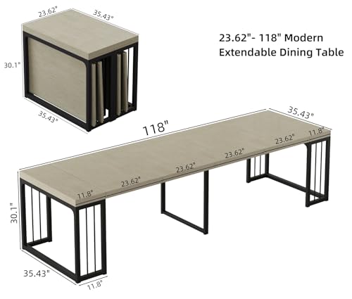 KEIKI 23.62" - 118" L Extendable Foldable Dining Room Table for 2-10 People, Wood Modern Rustic Rectangle Expandable Kitchen Living Meeting Room Furniture, 5 Tabletop Length Options KEIKI