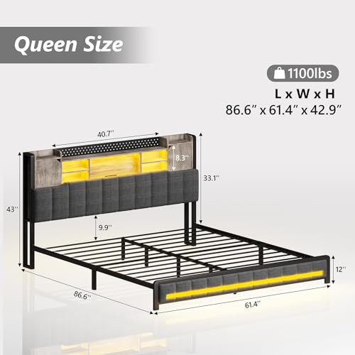 CSZZD Queen Bed Frame with Storage Bookcase Headboard & LED Lights, Upholstered Bed Frame Queen Size with USB Charging Station, Heavy Duty Metal Slats, No Box Spring Needed, Oak Gray