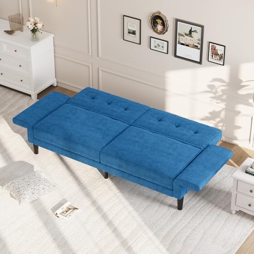 IDEALHOUSE 89" Futon Sofa Bed, Convertible Sleeper Sofa with Adjustable Backrest & Armrest, Modern Futon Couch Bed, Loveseat Sleeper for Living Room Bedroom Apartments, Blue IDEALHOUSE