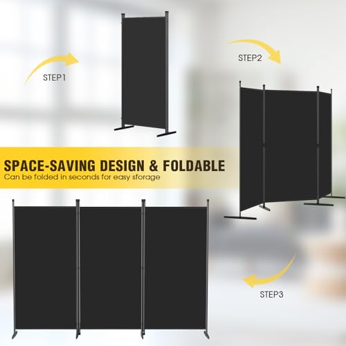 AKTOP 3-Panel Room Divider, Freestanding Wall Divider for Room Separation, Folding Privacy Partition Screen 70''W x 102''H, Portable Room Divider Panel Privacy Screen for Dorm Studio Office, Black AKTOP