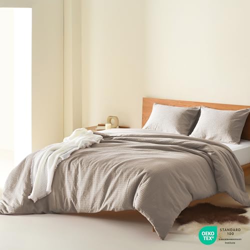 Comfort Spaces Taupe Queen Duvet Cover Set - 3 Pieces Breathable Dotted Weave Texture Duvet Sets, Modern Farmhouse Boho Duvet Cover & Sham, All Season Microfiber Queen Bed Set, Full/Queen Comfort Spaces